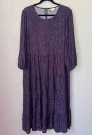 J. Jill Long Sleeve Prairie Purple Paisley Midi Dress Viscose ~ Women’s Size L