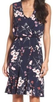 Eliza J Floral Print Surplice Midi Dress Navy Blue Womens Size 6P