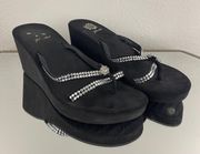 Y2K Black Silver Rhinestone Flower Strappy Chunky Wedge Sandals