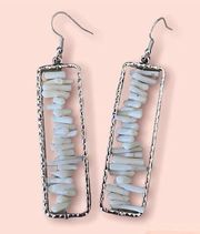 Silver Tone Hammered Frame & Raw Stone Fish Hook Style Statement Earrings