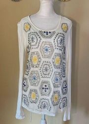 Peck & Peck White Embellished Long Sleeve Top Embroidered Sequin Beading Small