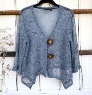 NINA LEONARD netted knit coastal medium wood buttons Boho Drapey beachy coastal