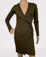 Say What Dark Green Ribbed Bodycon Dress With Faux Leather Trim Size M