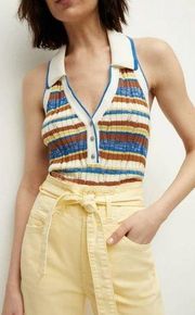 Veronica Beard  Lirra Striped Knit Halter Tank Top V Neck Blue Brown Large