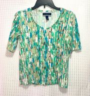 Karen Scott T Shirt Sz XS Blue Teal White Beachy Short Slv. Pullover V Neck