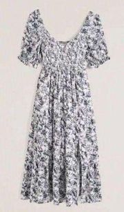 Poplin Puff Sleeve Midi Dress Tiered Pockets Sz S Floral