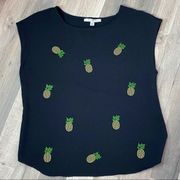 Marc New York Rhinestone Pineapple Blouse Black Large Sleeveless Popover NWT