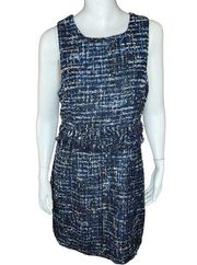 Julie Brown NYC Sleeveless Dress Lori Blue Oxford Tweed Fringe Metallic Size 8