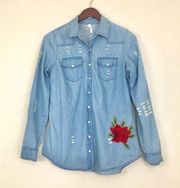 Chambray Distressed Button Down Shirt