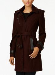 NEW Sz Medium M Michael Kors Belted faux Leather Trim Wool Hooded Coat Burgundy