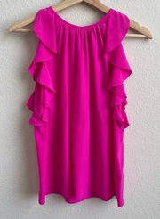 Hot Pink 100% Silk Ruffle Sleeve Flowy Keyhole Back Lightweight Tank