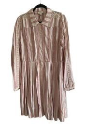 NTW  Beige Red Striped  Cotton Shirt Dress Crochet Peasant Sz L