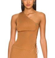 h:ours Octa Lace Up Top Copper Brown XS Swank Knit Asymmetric One Shoulder Crop