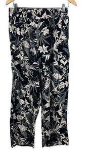 Panama Jack Pants Women Large Black Wide Leg Tropical Leaf Linen Blend‎ Cropped