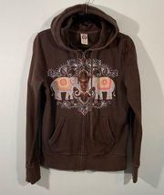 Vintage Y2K 90's Lucky Brand Women's Brown Elephants Full Zip Hoodie Size M