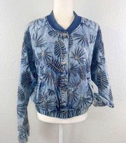 GUESS Women's Burnished Denim Bomber Jacket Size XL Embroidered Palm Tropical