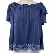 Alya Blue Embroidered Hem Off the Shoulder Top