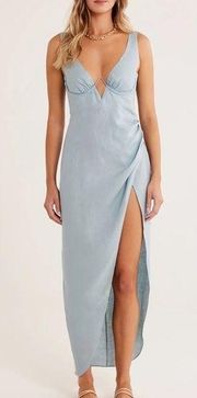 NEW Rumer The Label  Luella Maxi Linen Dress Blue Slit Size M NWT