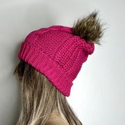 Pink Knitted Fuzzy Pom Pom Winter Beanie Hat