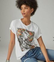 Lucky Brand NWT  Embroidered Roses David Bowie Boyfriend T-Shirt White Womens XS