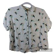 Love Notes Cropped Toucan Print Button Up Short Sleeve Shirt Size L