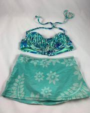 MD turquoise fringe top and 50s swim skirt set