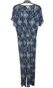 Style & Co Blue White Abstract Geometric Boho Wide Leg V Neck Jumpsuit Sz M