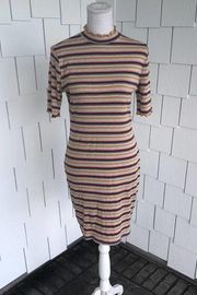 Socialite Women's Pink/Mustard Striped Lettuce Trim Mock Neck Bodycon Dress sz L