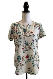 Van Heusen Optic White Floral V-Neck Short Sleeve Blouse Ladies Medium