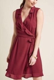 Modcloth red striped burgundy ruffle wrap dress size medium