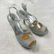 FIONI Woman’s Size 10 Silver Glitter Strappy High‎ Heels Sandals Open Round Toe