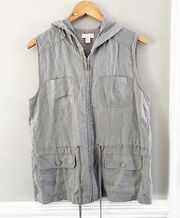 St. Tropez West 100% Linen Vest Size Medium Gray Full Zip Adjustable Waist Hood