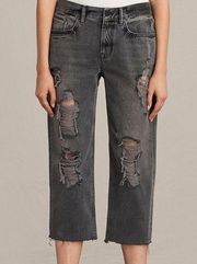 All Saints Ladies Ivy Destroyed Boys Cut Cropped Jeans Gray Size 26 GUC