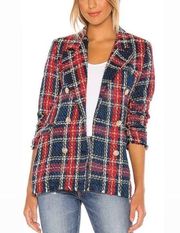 Blank NYC Tweed Plaid Double Breasted Blazer Blue Red