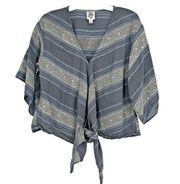 Ivy Jane Boho Embroidered Tie Front Top Gray Blue Souchy Drop Shoulder Size M