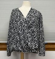 L // 7 For All Mankind Black and White Patterned Faux Wrap Long Sleeve Blouse