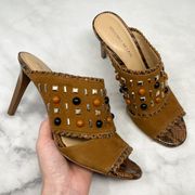 Antonio Melani Peggy Studded Suede Leather Mule Sandal Heels Brown Western Boho