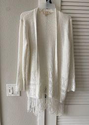 White Bohemian Tassel Decor Fringe Open Front Cardigan Long Length 