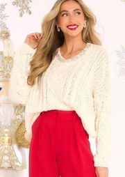 Red Dress Boutique Fate Frosty Flair Ivory Bejeweled Trim Sweater Ivory L NEW