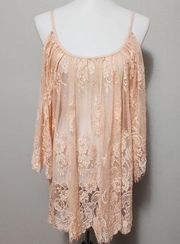 Umgee  Apricot Sheer Lace Cold Shoulder Tunic Size Small