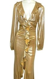 Wow Couture Wow Gown Metallic Ruffle Long Sleeve Maxi Gold Size Large NWT