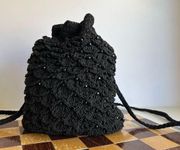 90s Black Woven Embellished Drawstring Small Backpack