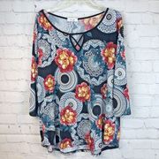 Rue Juju Women Blouse Sz 3X Floral Geometric Vibrant Colorful 3/4 Sleeve Stretch