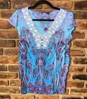 Apt. 9 Multicolored Printed Lace Henley Short Sleeve Top Women's Size Small