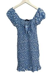 Hesperus Ditsy Floral Smocked Mini Dress Womens Size M Knotted Front Blue