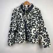 Active Leopard Print Sherpa Fleece Teddy Cozy Snap Jacket Womens L new