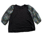 Cha Cha Vente Shirt Women Medium Black Floral Sheer Puff Sleeve Round Neck Rayon
