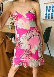 Vintage  Silk Chiffon Midi Slip Dress Abstract Floral Pink Size 6 VTG Y2K