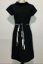 Eliza J Sz 4 Black Solid Collared Sash Tie Dress Cap Sleeve Back Zip EUC