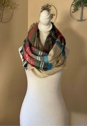 Nordstrom Tan Red Blue Green Plaid 100% Acrylic Fringed Infinity Scarf